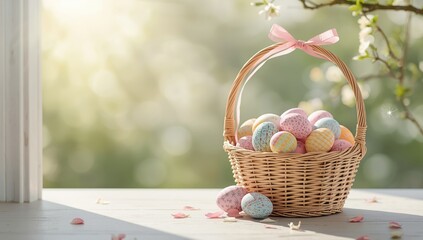 Colorful Easter eggs in a basket with pink ribbon, festive holiday decoration