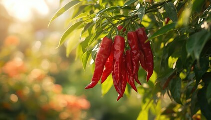 Chili peppers on a tree in a garden setting emphasizing crop production, agriculture industry