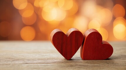 Obraz premium Two red wooden heart shapes rest closely on a textured brown wood grain surface with warm orange and yellow bokeh backgr