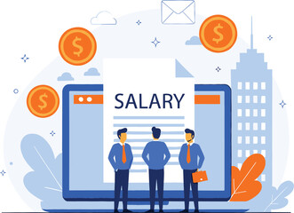 Modern flat vector illustration of business people discussing salary on a large computer screen with coins and skyline