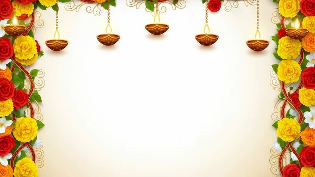 Animated diwa lamps lit at different points, arranged with traditional Indian floral garland for Diwali celebration advertisement.