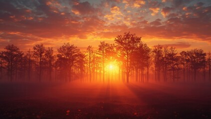 Sunrise filtering through autumn trees in a forest, highlighting seasonal transition and natural scenery