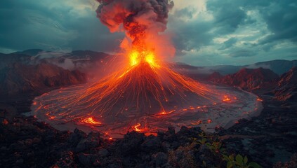 Volcanic eruption at Mount Yasur with flowing lava and ash cloud, natural hazards