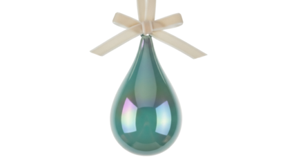 Isolated teal tear-shaped ornament with cream-colored ribbon, festive holiday decoration