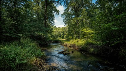 Obraz premium A winding stream runs beneath dense greenery with ferns and towering trees in a forested park, emphasizing conservation activities