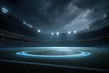 Futuristic Augmented Reality Stadium with Holographic Grid Overlay Above Empty Sports Field at Dusk