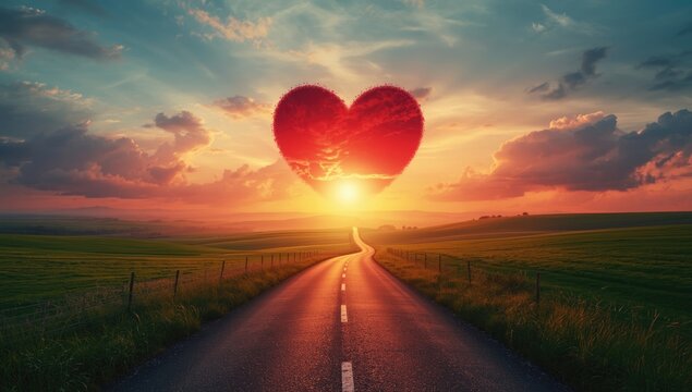 Sunset sky with a heart shape, landscape featuring a road and clouds, suitable as a background for editorial design