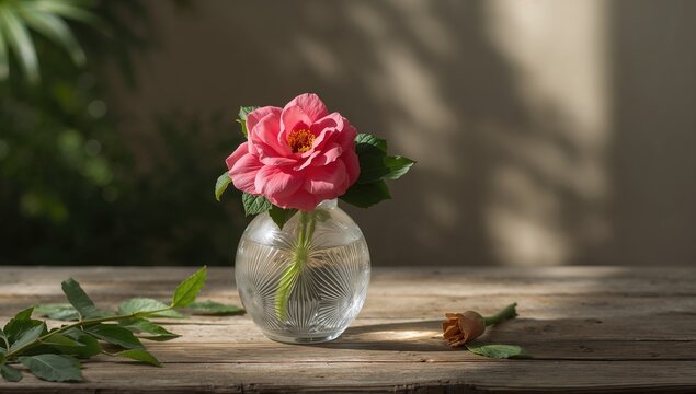 Vibrant pink bloom with foliage in a glass container placed on wood surface, highlighting floral freshness, World Flower Day