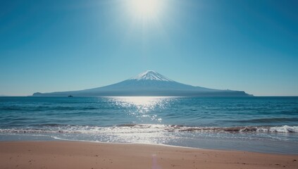 Beachside view with Enoshima and snow-capped Mount Fuji, water and sky elements, suitable for scenic layouts