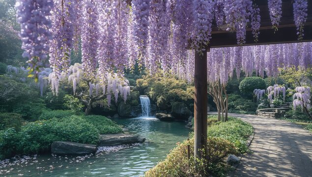Vine-covered trellis with blooming wisteria adjacent to a waterfall, highlighting botanical growth