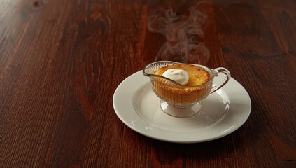 Obraz premium Cheese and sour cream in a glass gravy boat placed on a white plate atop a dark wooden surface, ideal for appetizer service