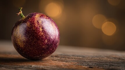 Lone passion fruit on weathered wooden surface