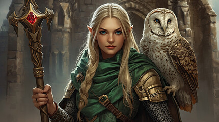 Obraz premium elf with a staff and an owl on her shoulder
