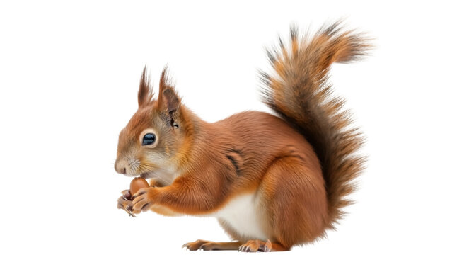 Isolated squirrel holding a nut in its paws while sitting, wild animal with fluffy tail