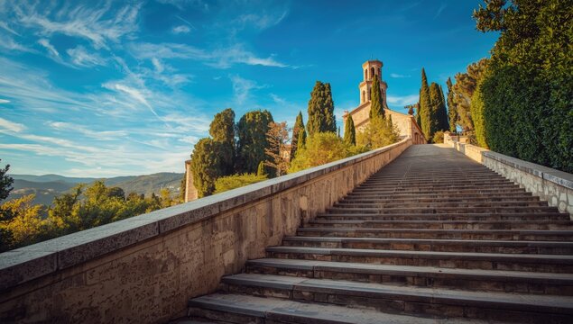 Stone stairway ascending to a church in Pollenca, emphasizing historic architecture, Spain Majorca - Powered by Adobe
