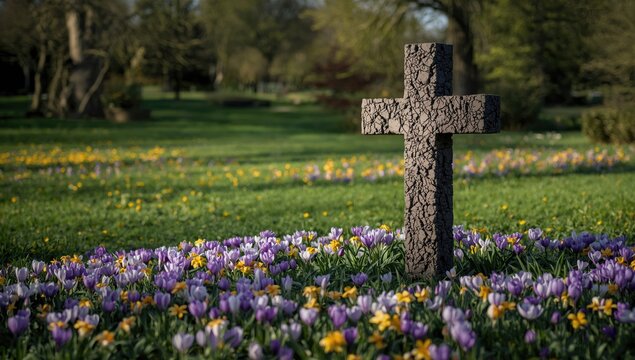 Stone cross set amidst volcanic tuff and blooming flowers in a spring garden, floral background