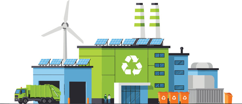 Modern sustainable recycling factory building vector illustration with solar panels wind turbine garbage truck and recycle symbol