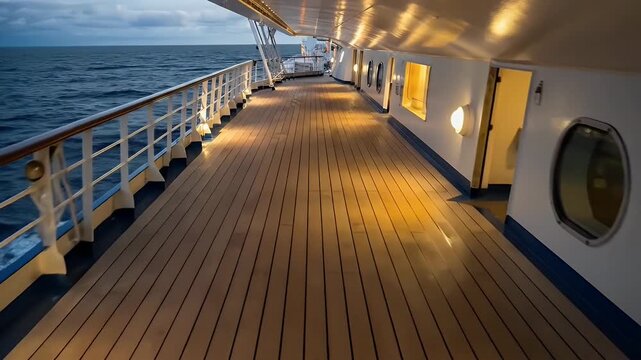 Evening View of a Cruise Ship Deck with Teak Wood Flooring and Ocean Horizon.