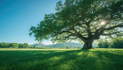 Park landscape featuring a prominent tree and vibrant grass under morning light, suitable for outdoor activity backgrounds