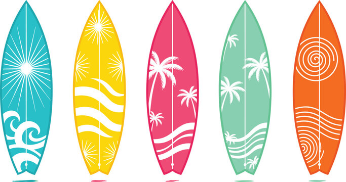 Colorful summer surfboard collection with tropical patterns like sun waves and palm trees for surfing conceptColorful summer surfboard collection with tropical patterns like sun waves and palm trees f