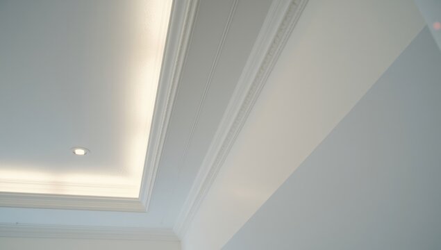 Interior ceiling detail featuring white decorative molding and recessed lighting, ideal for architectural planning