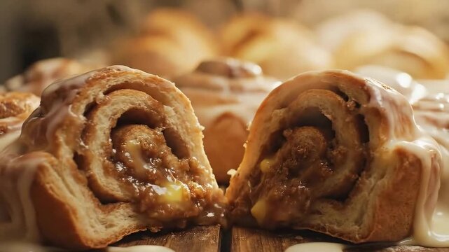 Close-up shot of hands pulling apart a warm, freshly baked cinnamon roll, revealing its gooey