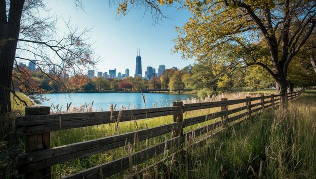 North Pond surrounded by prairie grass with Chicago skyline visible, highlighting urban natural environment