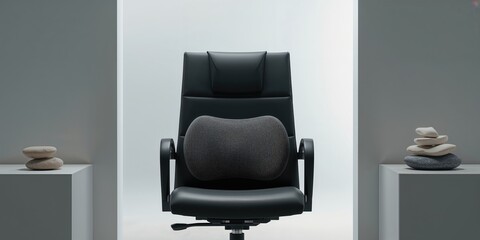 Black office chair with memory foam lumbar support cushion, aimed at reducing back fatigue