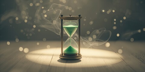 Hourglass with green sand functioning as a timing device for precision tasks, blurred background