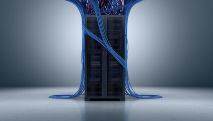 Server room featuring a rack with colorful patch cables linked to a patch panel, cable management