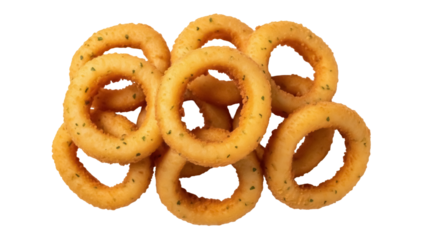 Isolated golden crispy onion rings snack, appetizers, side dish for picnic with no background