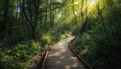 Wooded nature trail with leaf cover emphasizing conservation efforts and seasonal change