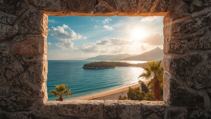 Aerial view of Zlatni rat beach from a stone window frame, highlighting scenic shoreline and geographic setting