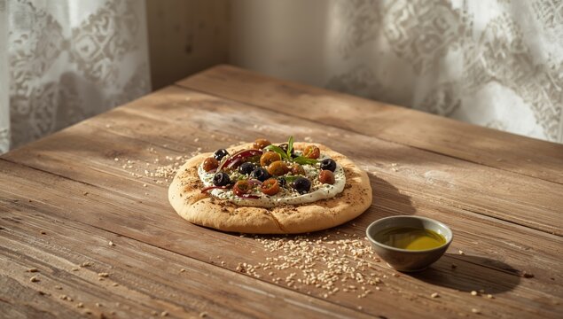 Arabic flatbread topped with zaatar olives and labneh, highlighting Middle Eastern cuisine