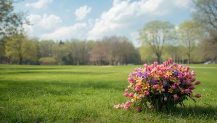 Obraz premium Flowers in bloom within a park setting, floral display, natural environment, springtime, greenery, white petals, garden scene, vibrant colors
