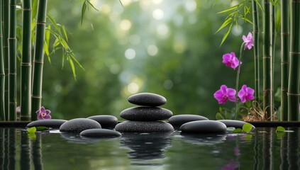 Zen garden elements featuring basalt stones and bamboo, focusing on tranquility and natural textures