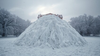 A heavy snowbank covers the base of a building, nearly blocking the windows, illustrating severe winter conditions for safety planning