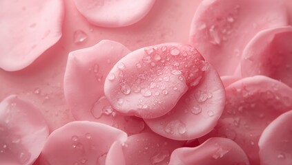 Fototapeta premium Close-up of dew-covered pink rose petal serving as a gentle backdrop for botanical layout or floral themes