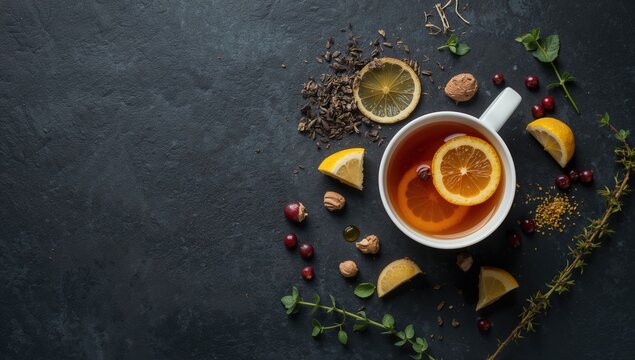Herbal vitamin tea with lemon, ginger and honey serving as a health-focused background for seasonal wellness