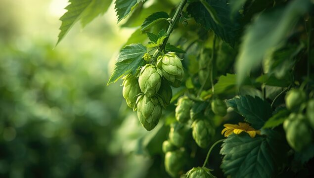Hops with leaves on tendrils, emphasizing agricultural maintenance and crop monitoring practices