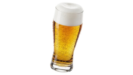 Isolated view of a refreshing lager beer glass filled to the top with foamy bubbles, thirst quencher