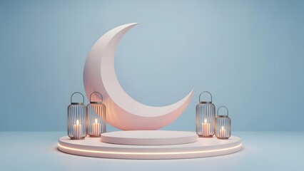 Crescent moon display with glass bottles on pedestal