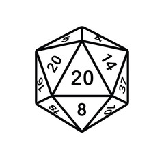 a detailed black and white illustration of a twenty sided die with visible numbers on various faces representing chance high quality