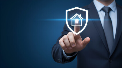 Businessman interacting with digital interface for secure home protection services ensuring future property safety and investment security