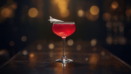 Vivid red beverage topped with paper plane decoration at a bar, highlighting artistic cocktail styling, World Cocktail Day