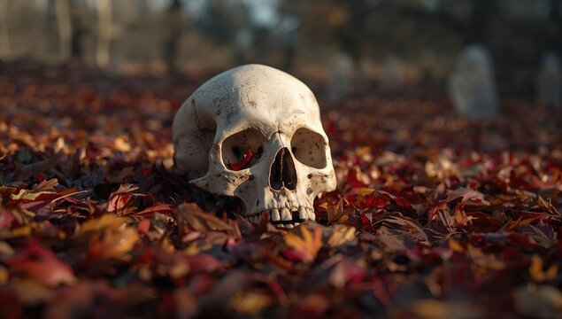 Halloween skull with no jaw lying on autumn leaves, seasonal decoration