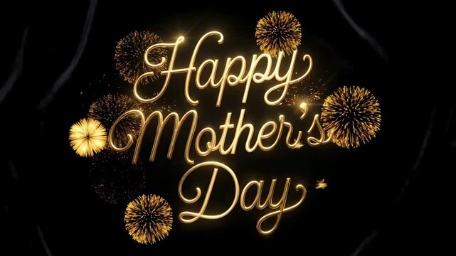 Happy Mothers Day celebration with golden fireworks and cursive text on dark background 4K Ai HD high quality video.
