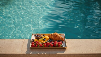 Tray of breakfast items including strawberries near a poolside, emphasizing summer travel and outdoor dining