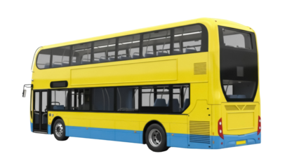 Isolated yellow double-decker bus viewed from the back, side view showing a modern vehicle design