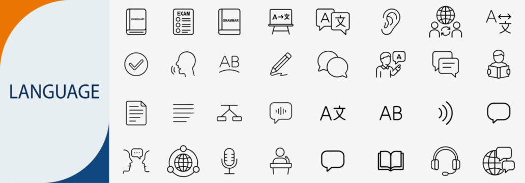 Language and translation thin line icon set, global education vector symbols